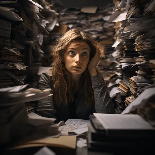 Woman surrounded by a large number of files and documents