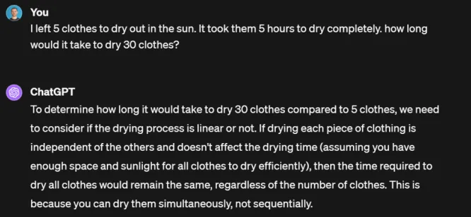 GhatGPT answering a problem solving question about drying clothes