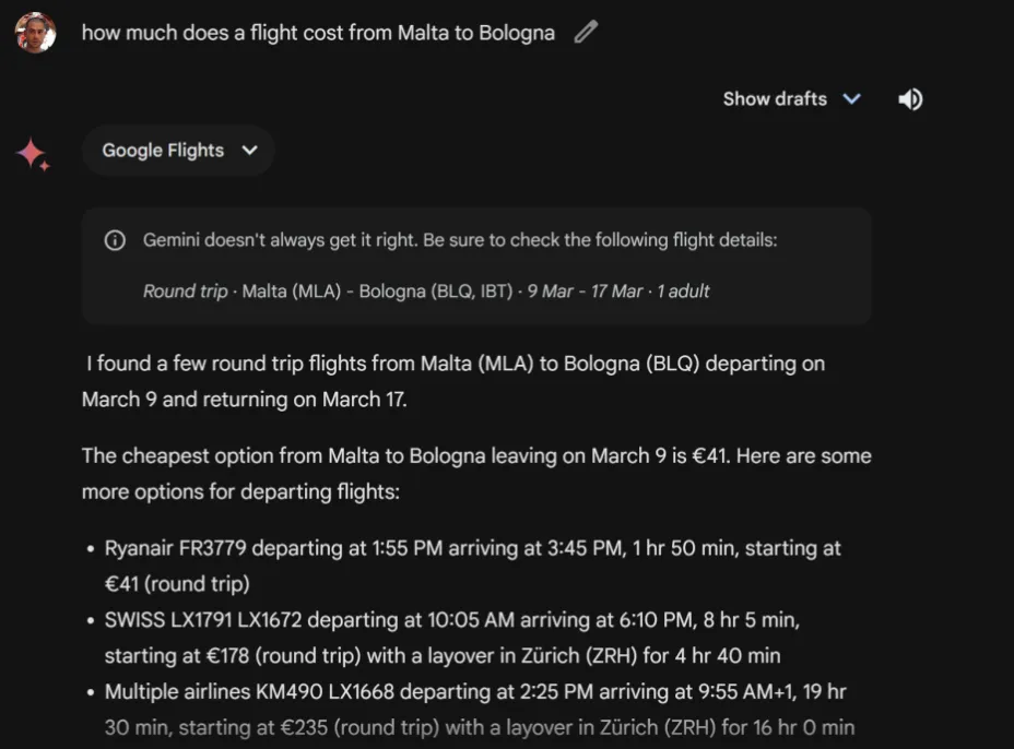 Screenshot showing Gemini answering a query with Google Flights data.