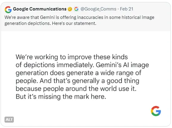A screenshot showing Google acknowledging issues with Gemini's image creation