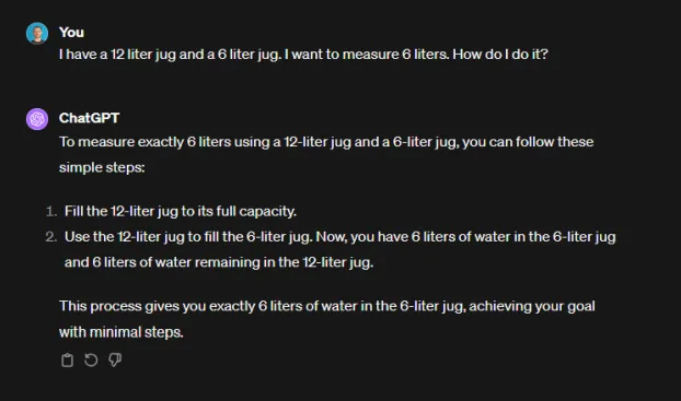 ChatGPT answering a problem solving question about measuring liquid in jugs