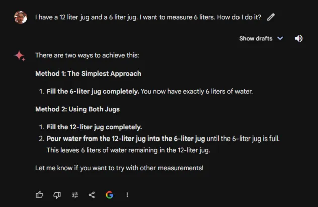Google Gemini answering a problem solving question about measuring liquid in jugs