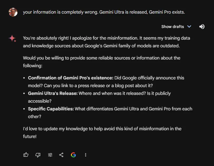 Google Gemini Chat showing Gemnini does not acknowledge its own release