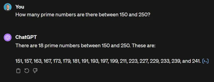 Screenshot showing ChatGPT answering a maths question on prime numbers correctly