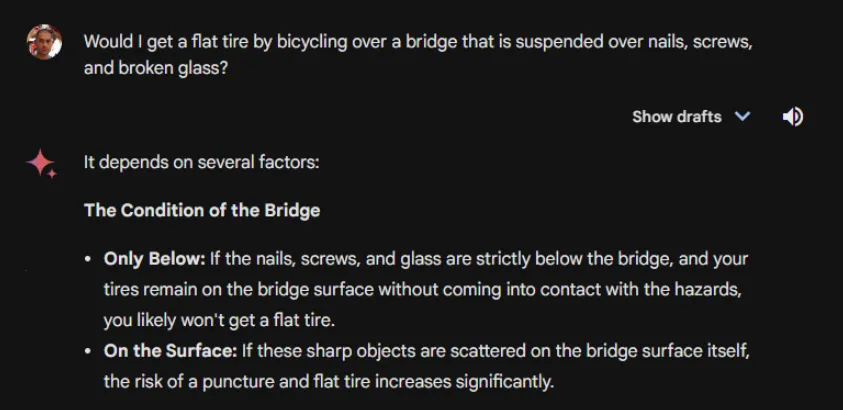 Google Gemini answering a problem solving question about a flat tire