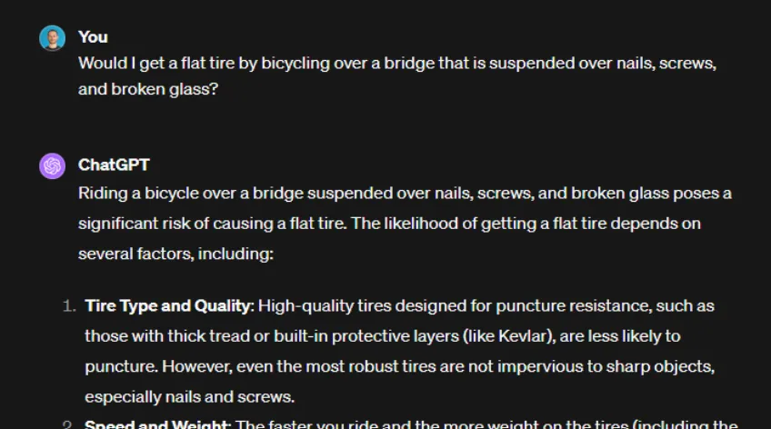 ChatGPT incorrectly answering a problem solving question about a flat tire