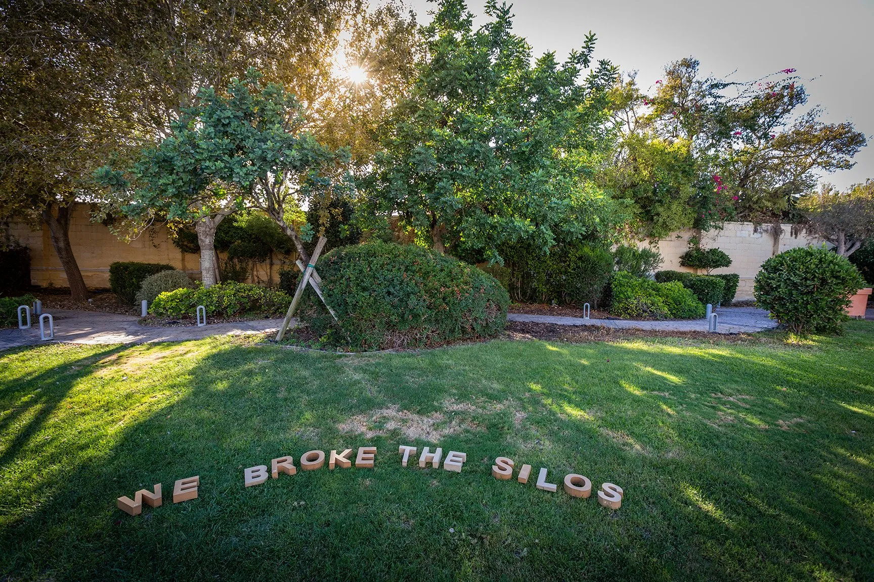 Lawn with We Broke the Silos written on it