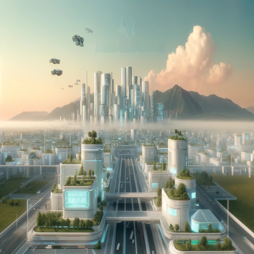 Futuristic cityscape during the day with multiple flying vehicles in the sky