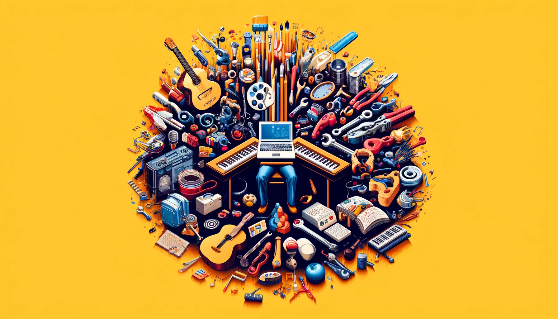 Illustration of a laptop with legs, surrounded by an assortment of musical instruments, tools, toolboxes, books and paintbrushes.