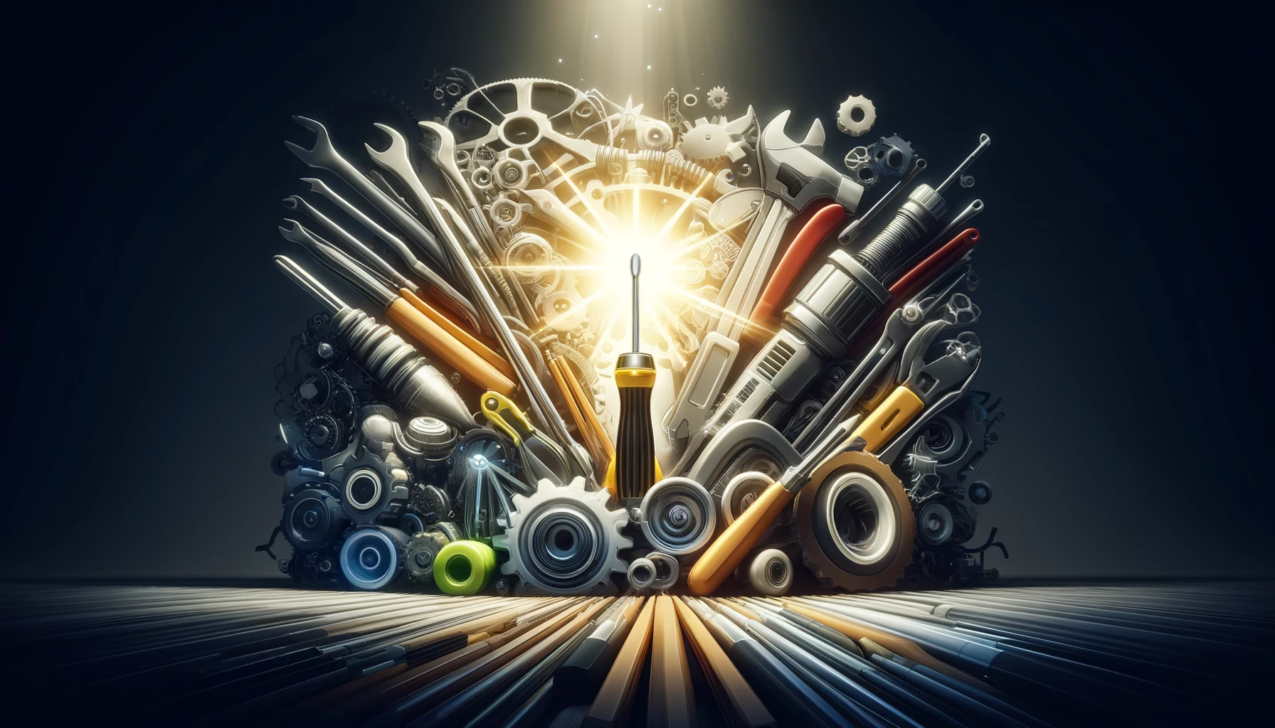 Illustration of a screw driver surrounded by other tools, tape, and gears.