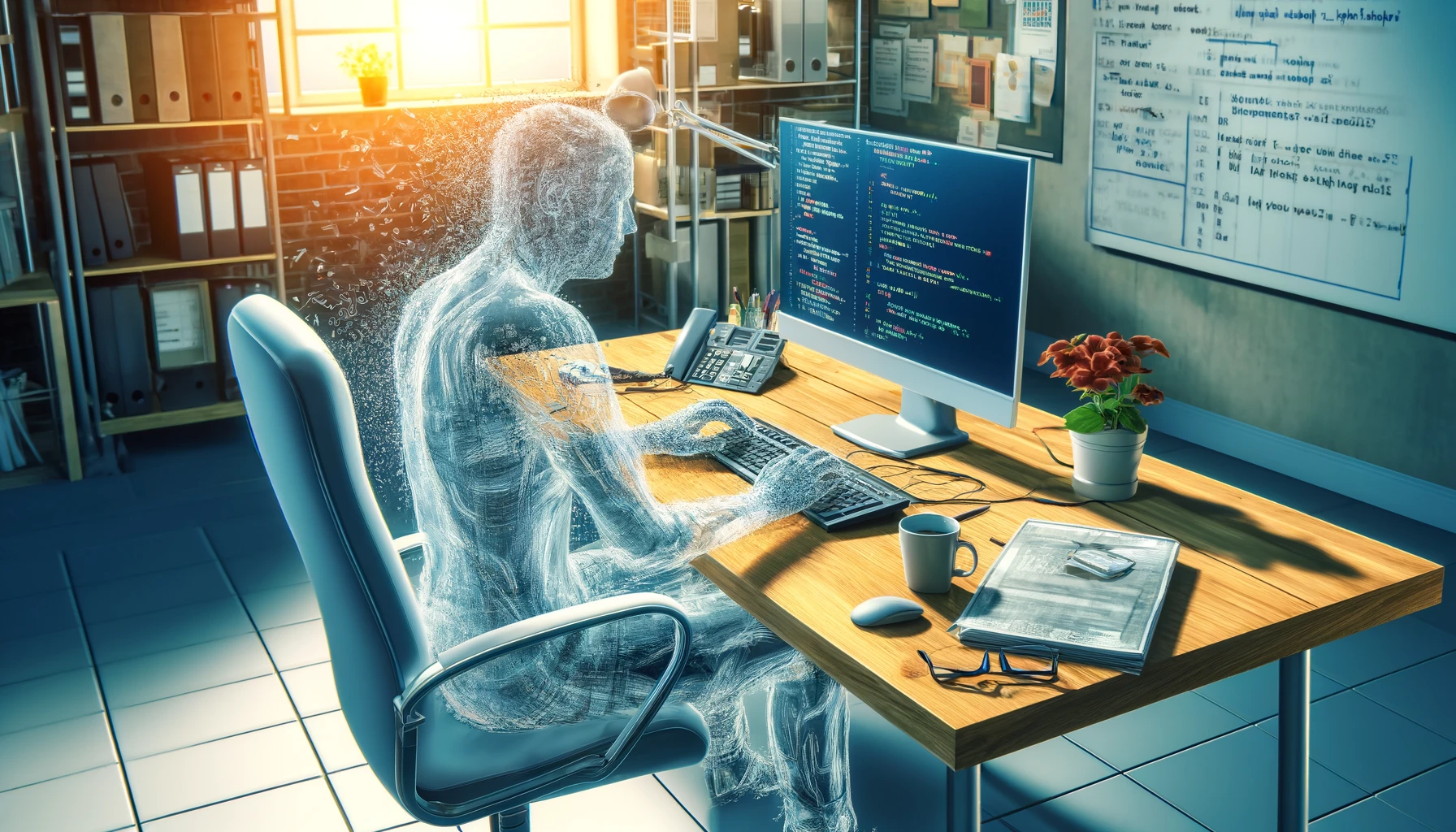 A transparent person sitting at a desk coding on their desktop in an office.