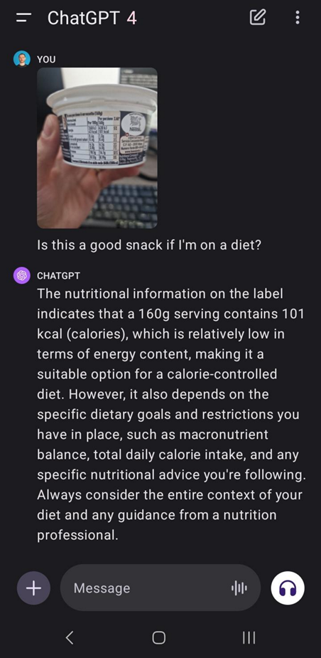 ChatGPT nutritional info from image