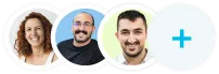Three people smiling in circular frames with different colored backgrounds: white, blue, and light green. A plus sign on a gray circle to the right.