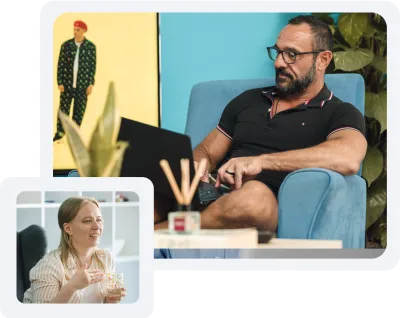 A man sitting down on a couch working on his laptop. A woman is talking at the bottom left.