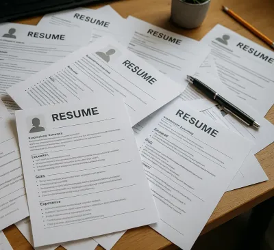 A pile of résumés with a pen and pencil to the right.