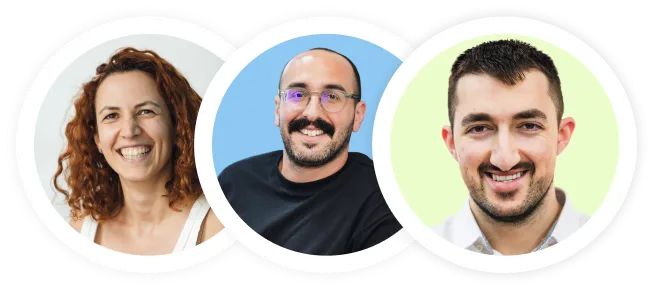 Three team members smiling in circular frames with different colored backgrounds: white, blue, and light green.